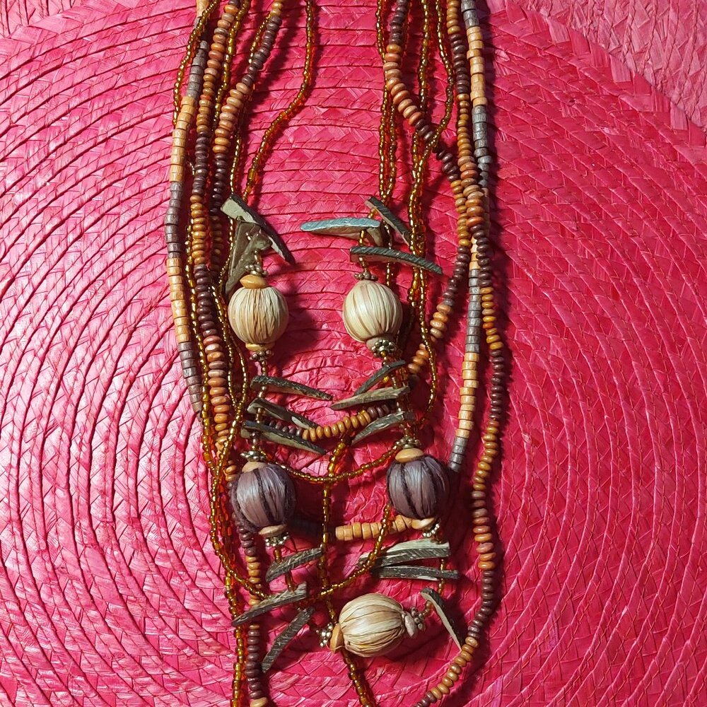 Vintage Beaded Necklace from the 70s, Multi Strands, Wood Beads, Coconut Beads